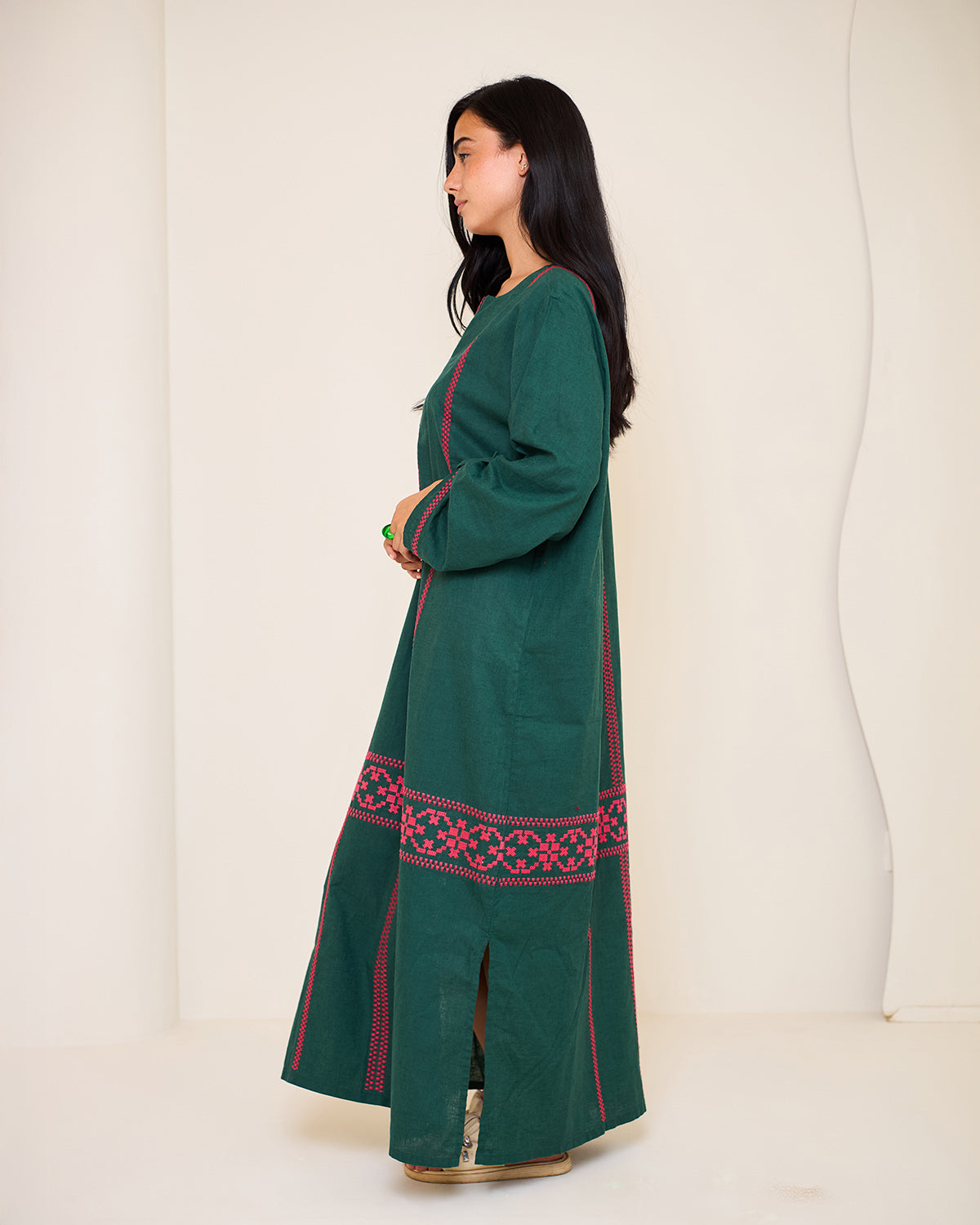 Aphrodite Dark Green Embroidered Linen Kaftan Dress