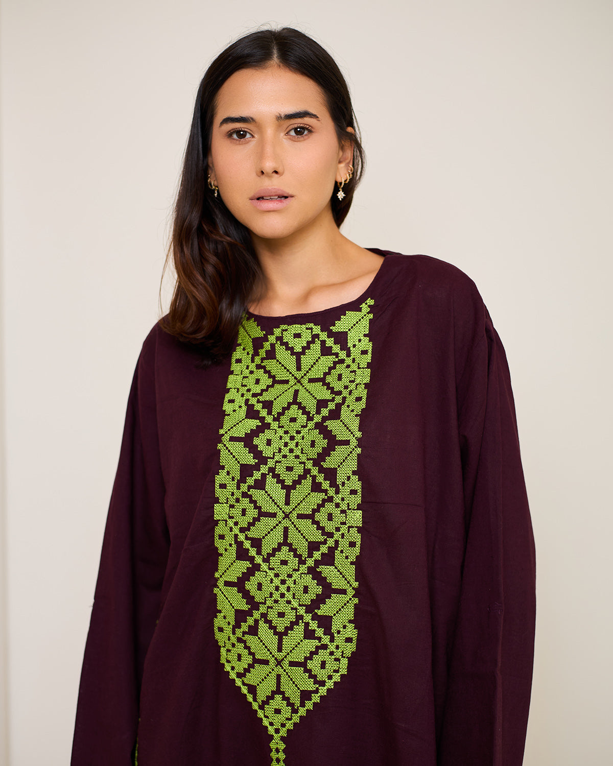 Athena Burgundy Embroidered Linen Kaftan Dress