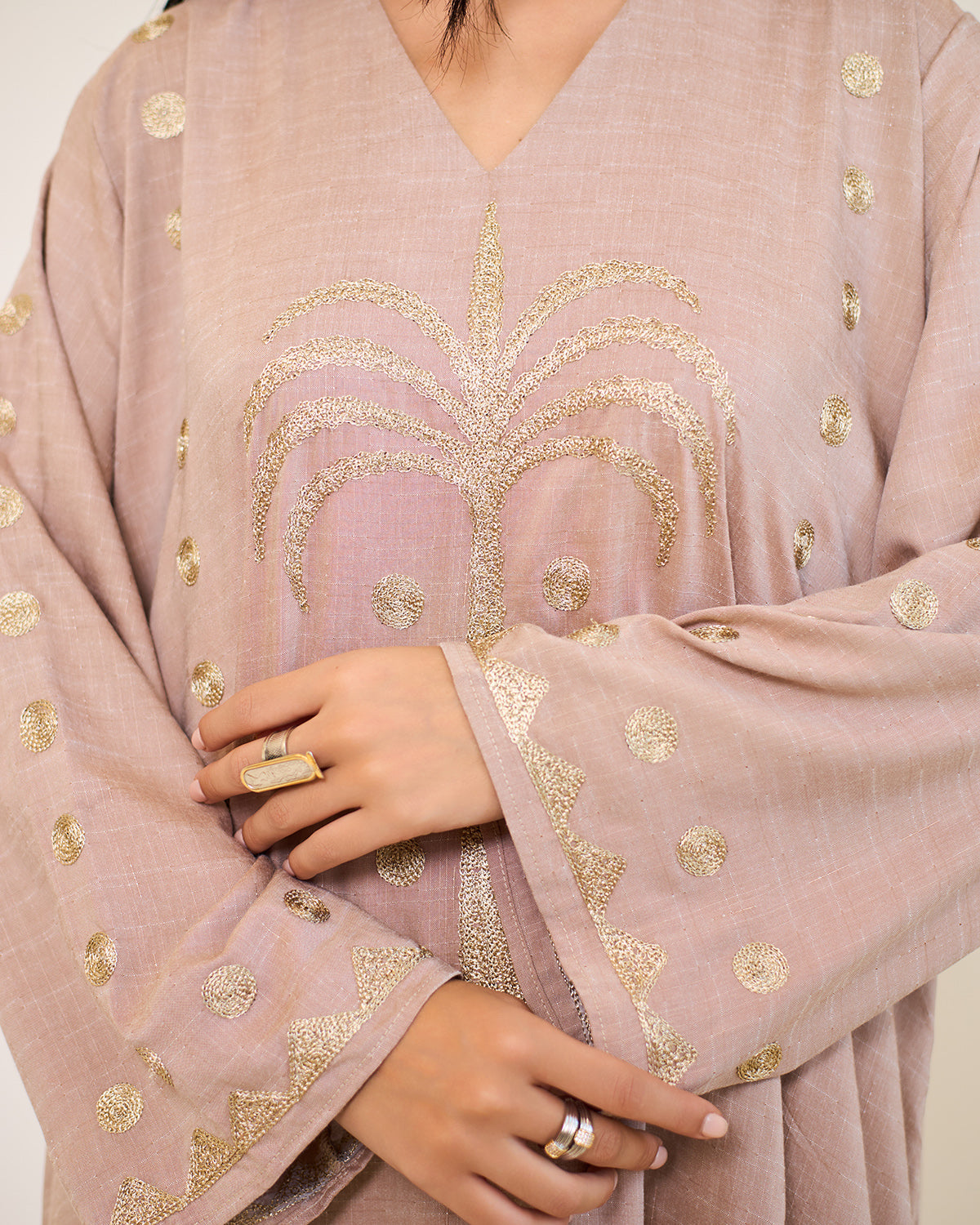 Tamara Beige Embroidered Cotton Kaftan Dress