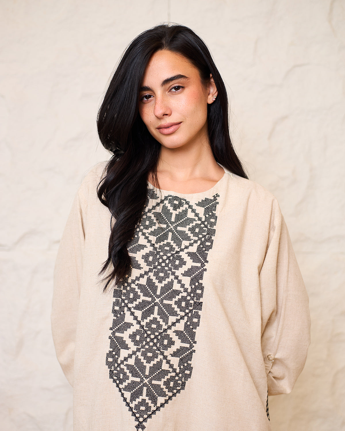 Athena Beige Embroidered Linen Kaftan Dress