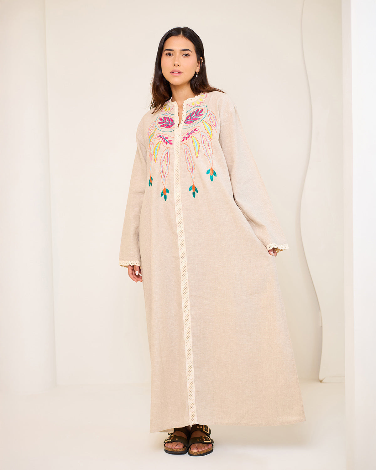 Asiya Beige Embroidered Linen Kaftan Dress
