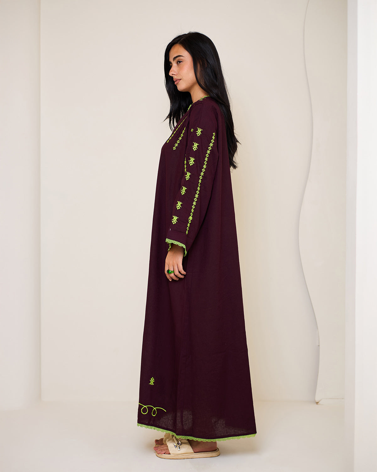 Amelia Burgundy Embroidered Linen Kaftan Dress