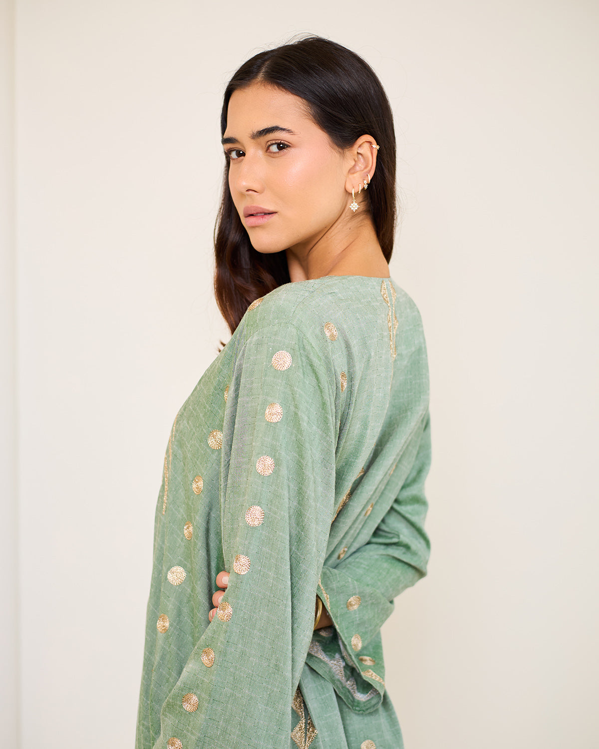 Tamara Olive Green Embroidered Cotton Kaftan Dress