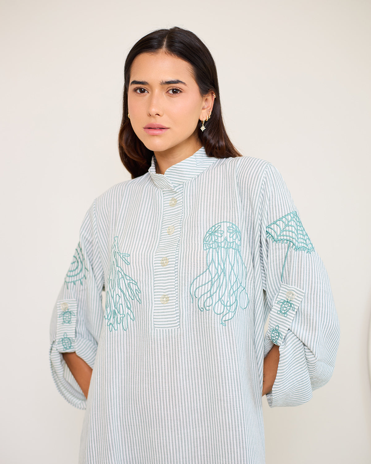 Coastal Reef – Mint Green | Embroidered Linen Cotton Striped Dress