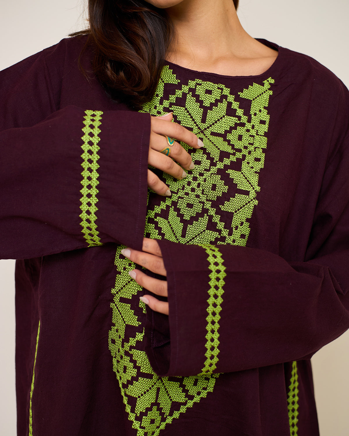 Athena Burgundy Embroidered Linen Kaftan Dress