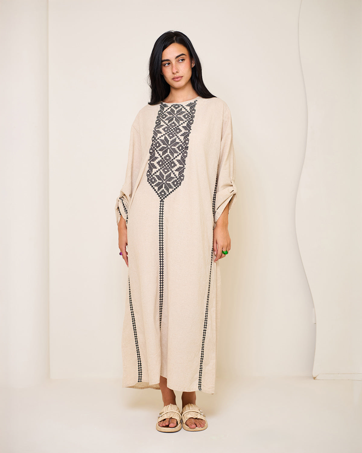 Athena Beige Embroidered Linen Kaftan Dress