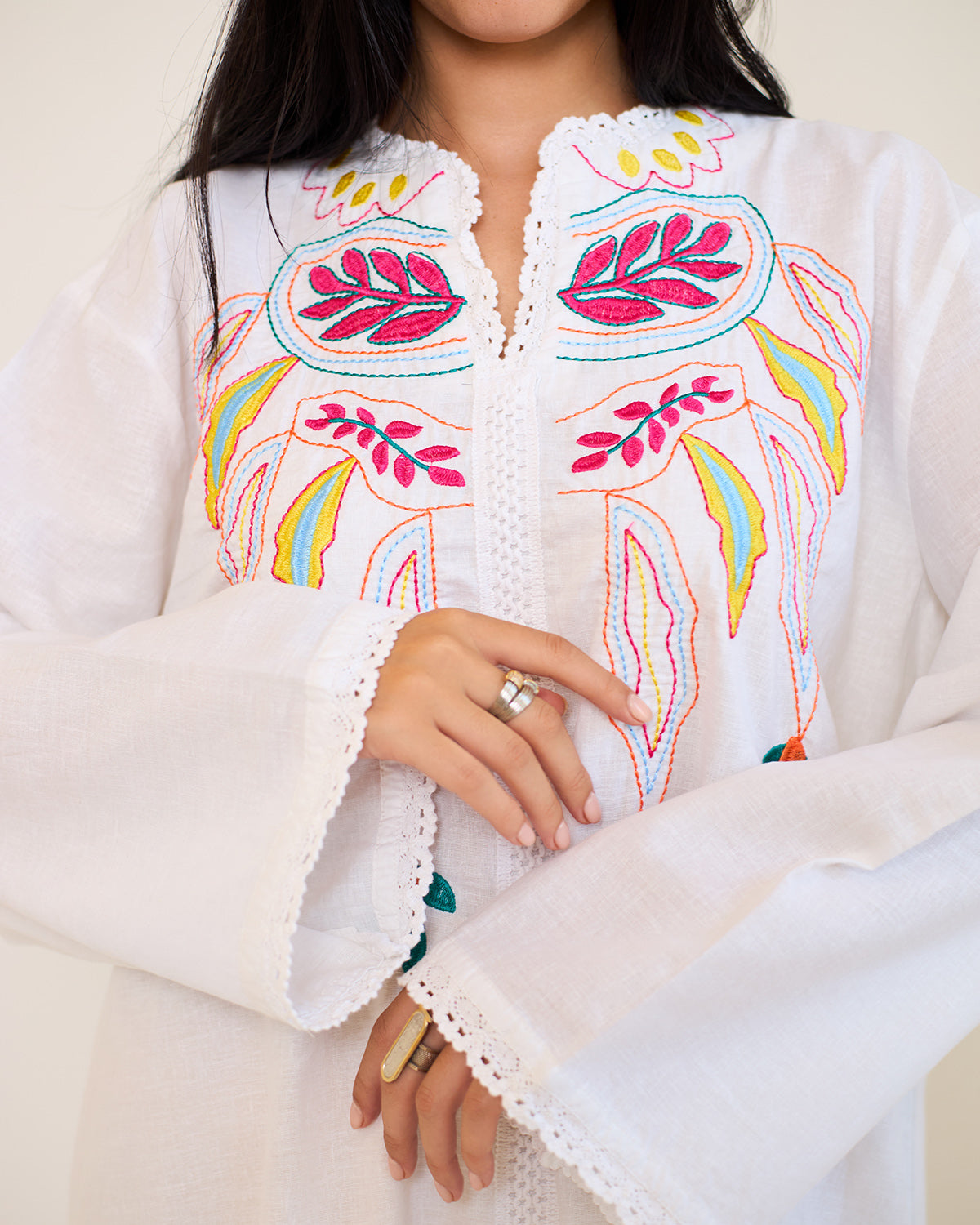 Asiya White Embroidered Linen Kaftan Dress