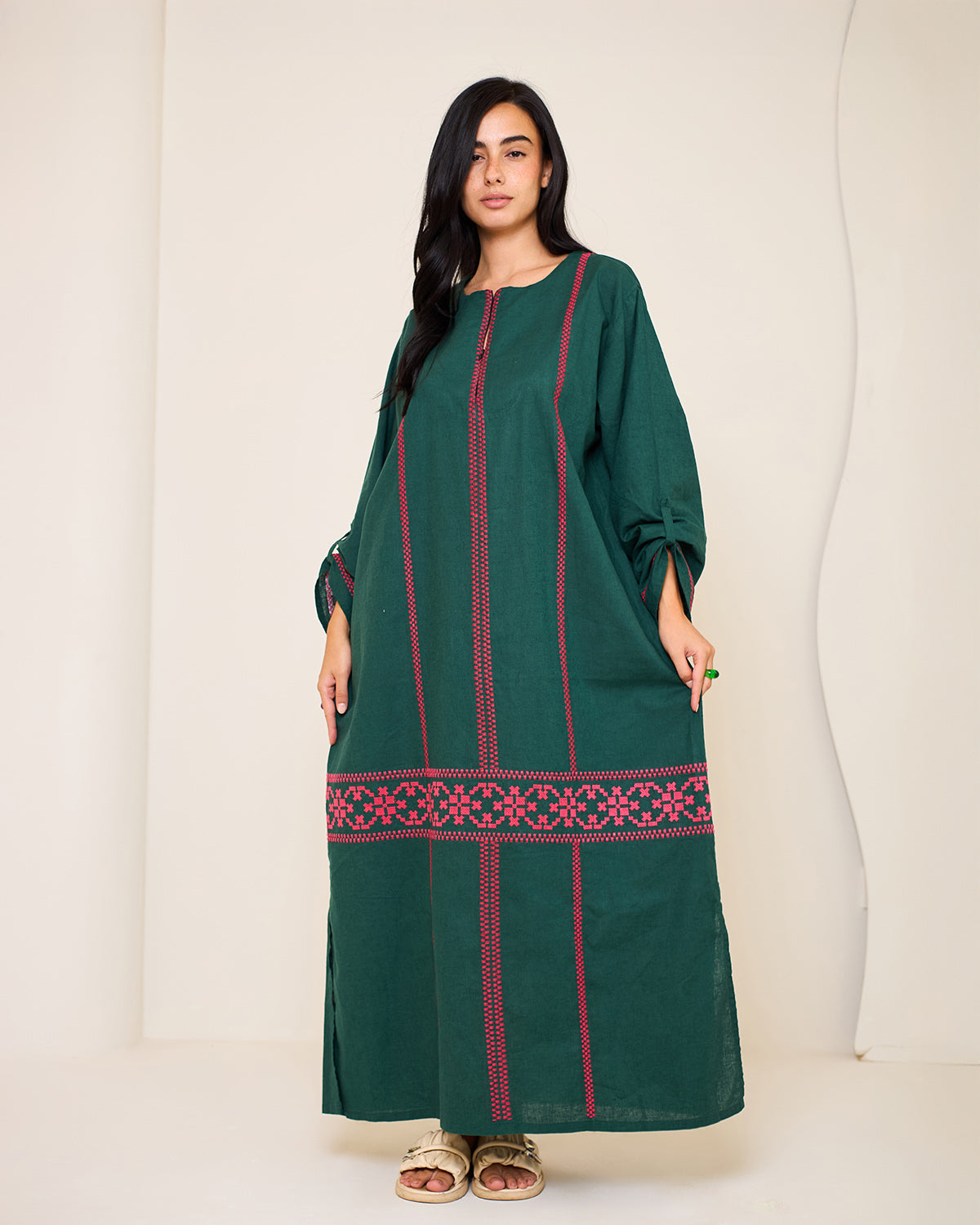 Aphrodite Dark Green Embroidered Linen Kaftan Dress