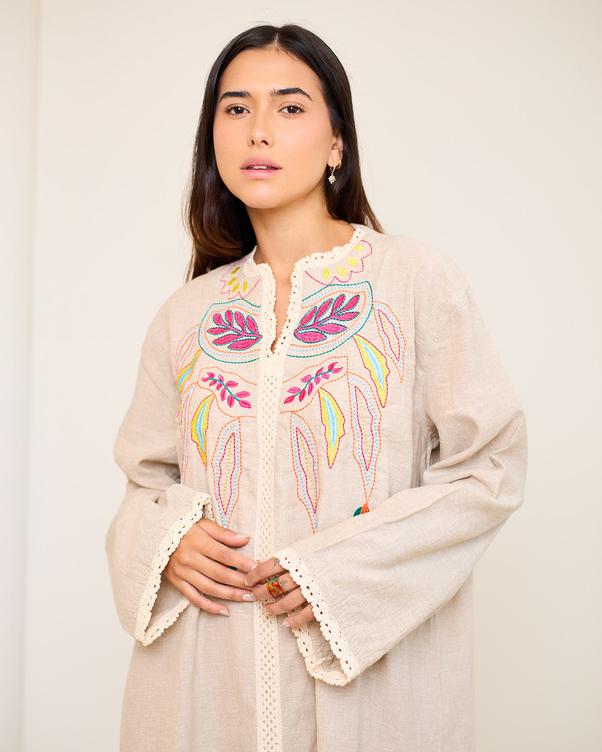 Asiya Beige Embroidered Linen Kaftan Dress