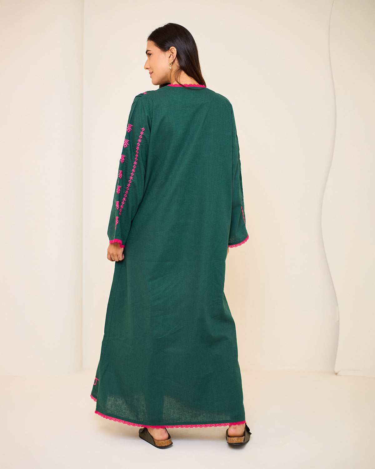Amelia Dark Green Embroidered Linen Kaftan Dress
