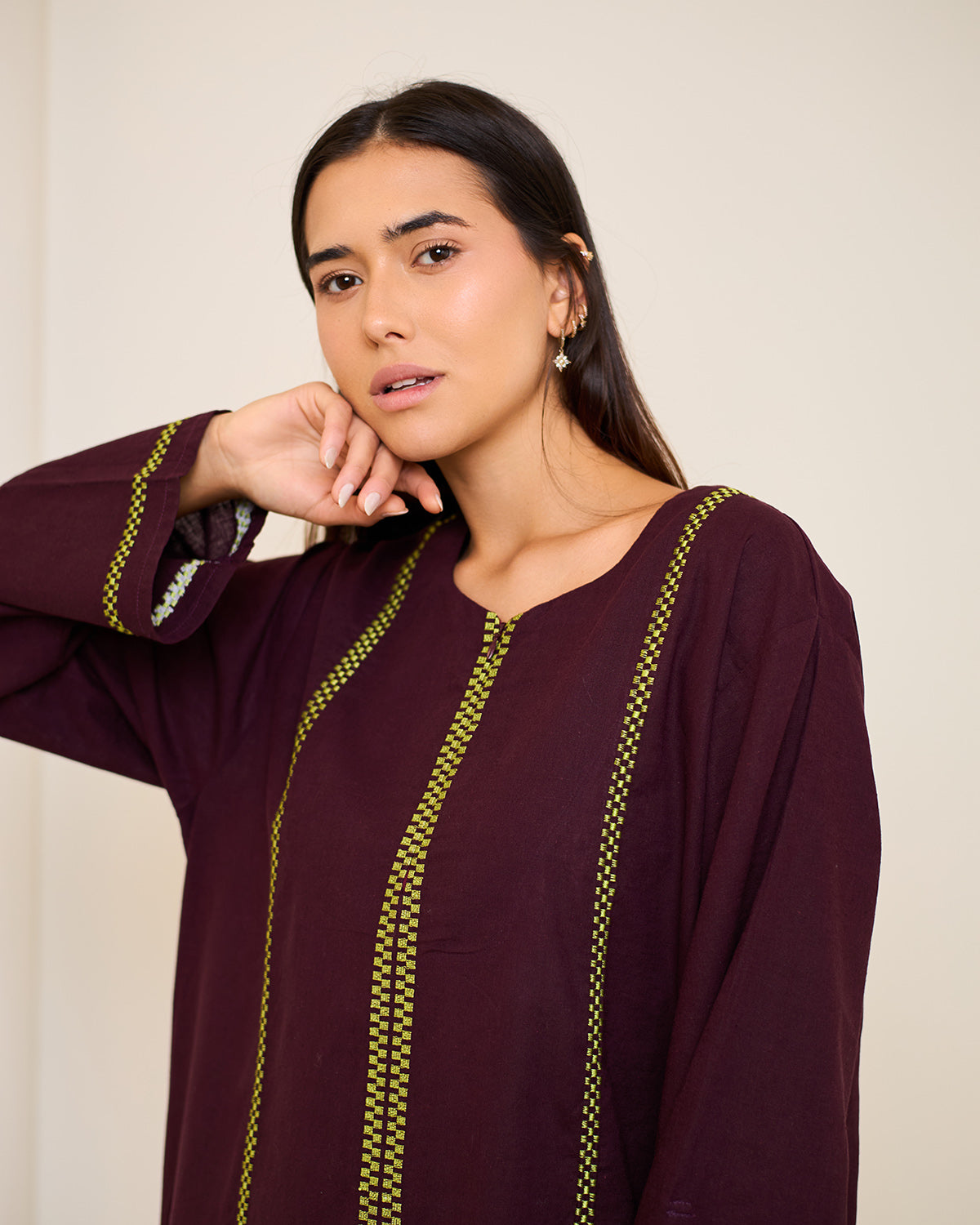 Aphrodite Burgundy Embroidered Linen Kaftan Dress
