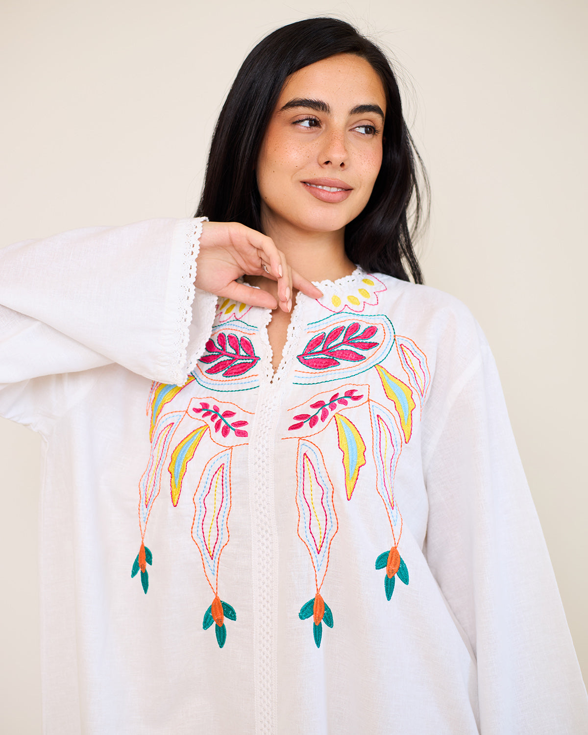 Asiya White Embroidered Linen Kaftan Dress