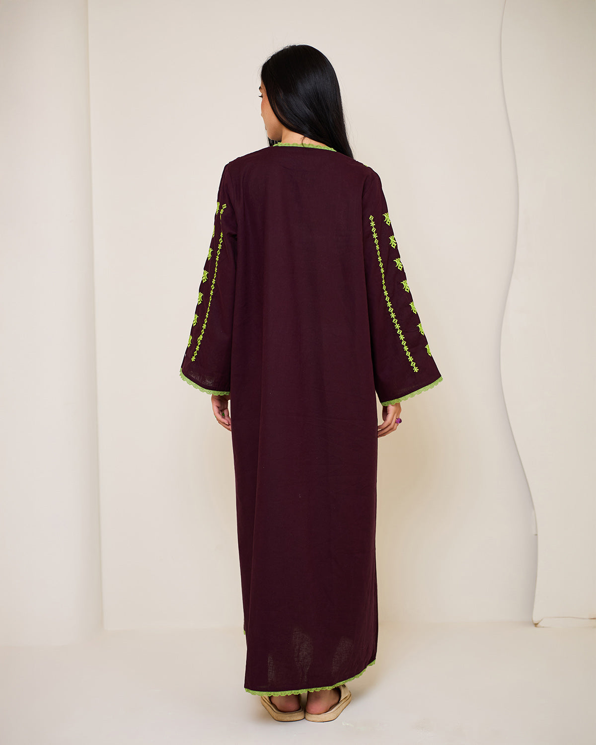 Amelia Burgundy Embroidered Linen Kaftan Dress