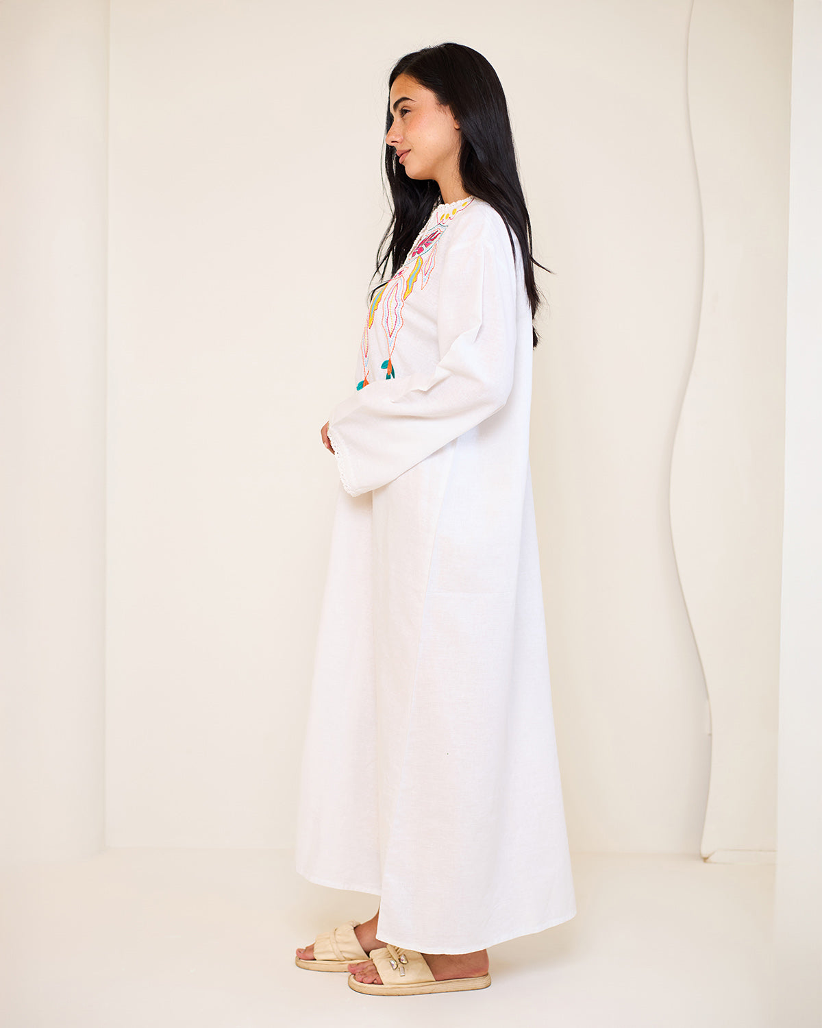 Asiya White Embroidered Linen Kaftan Dress