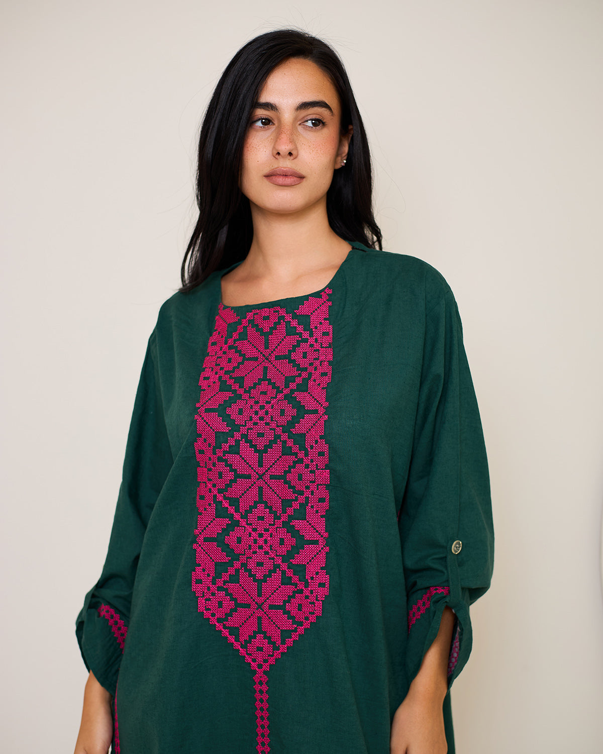 Aphrodite Dark Green Embroidered Linen Kaftan Dress