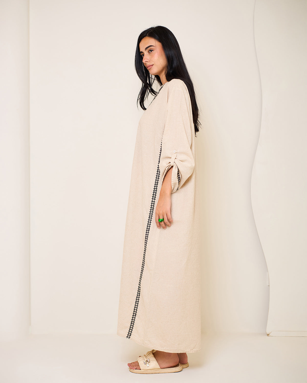 Athena Beige Embroidered Linen Kaftan Dress
