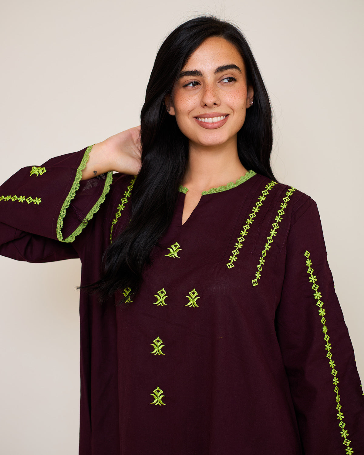 Amelia Burgundy Embroidered Linen Kaftan Dress