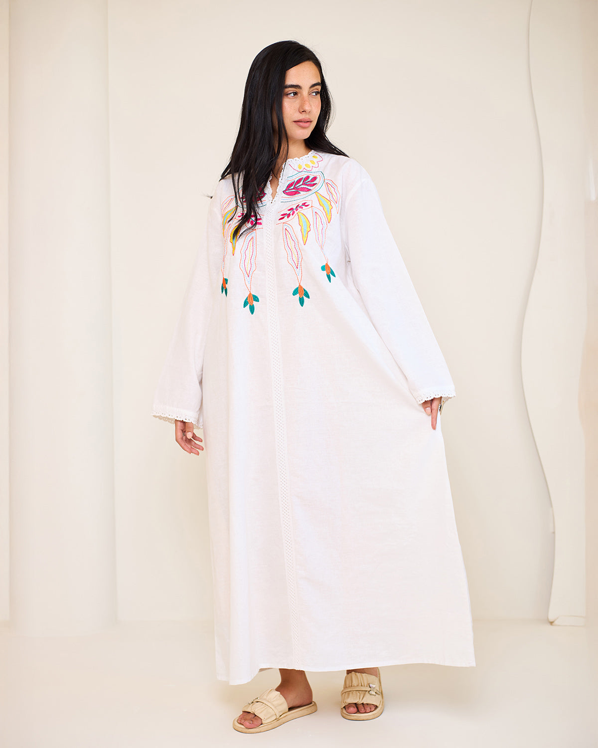 Asiya White Embroidered Linen Kaftan Dress