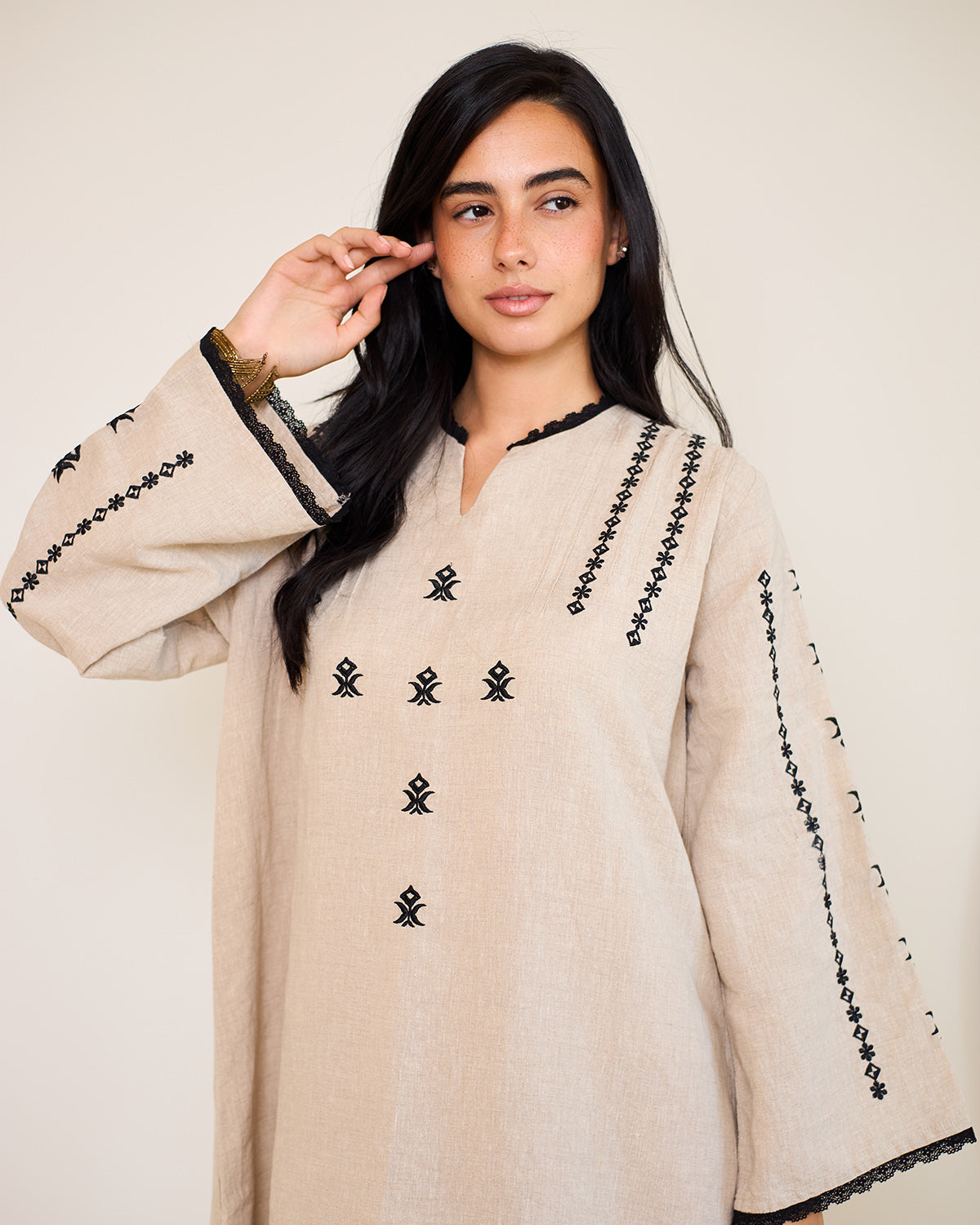 Amelia Beige Embroidered Linen Kaftan Dress