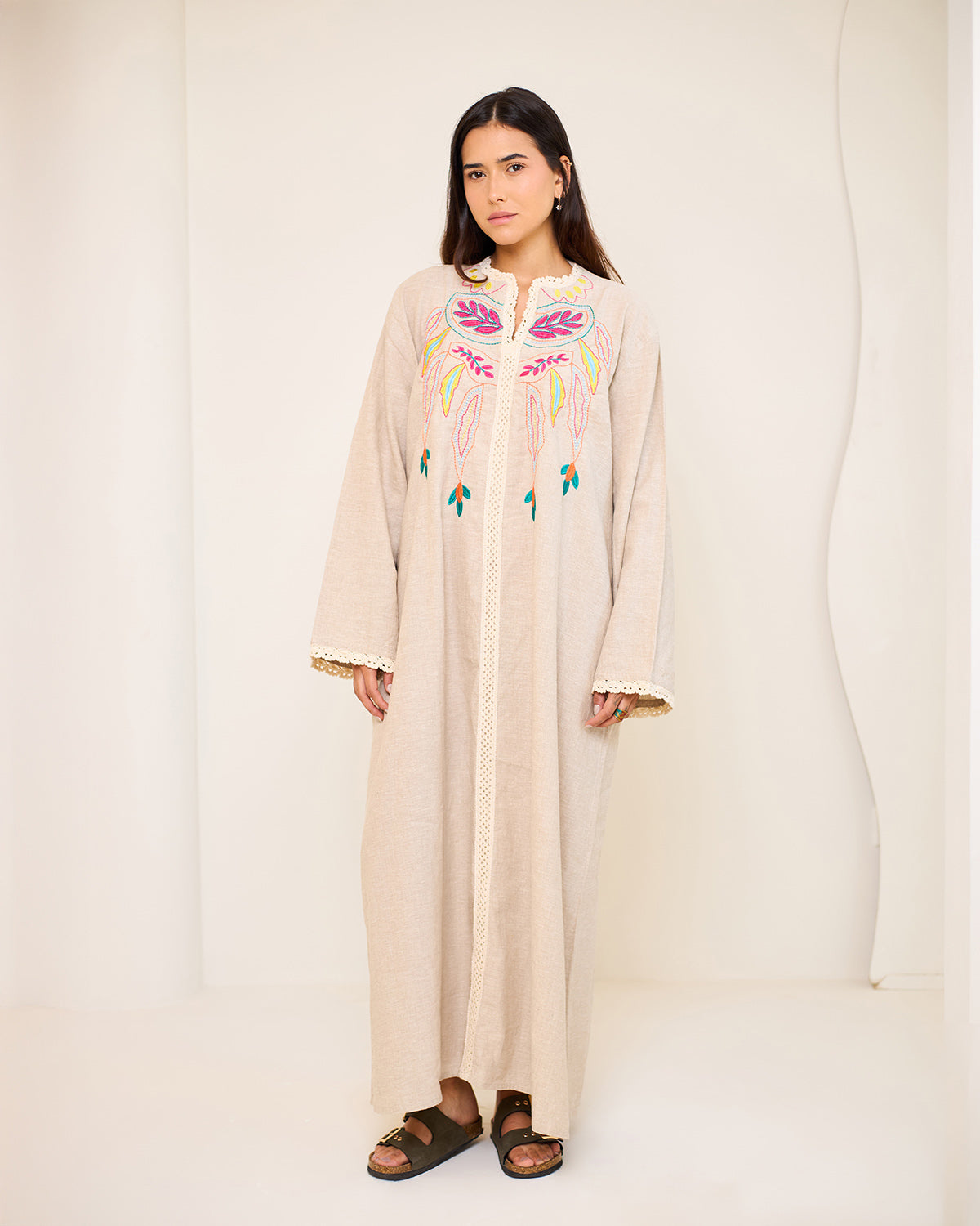 Asiya Beige Embroidered Linen Kaftan Dress