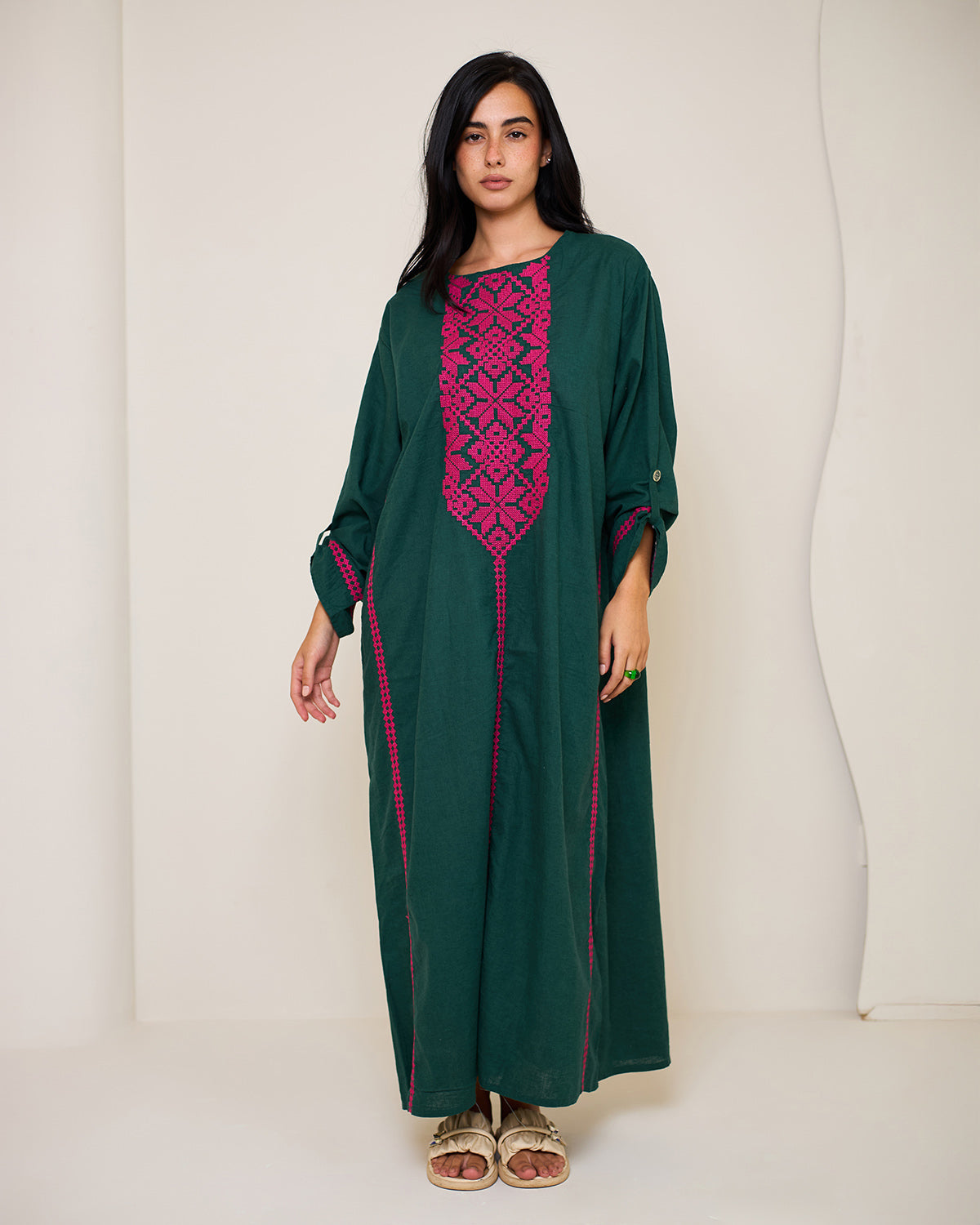 Aphrodite Dark Green Embroidered Linen Kaftan Dress