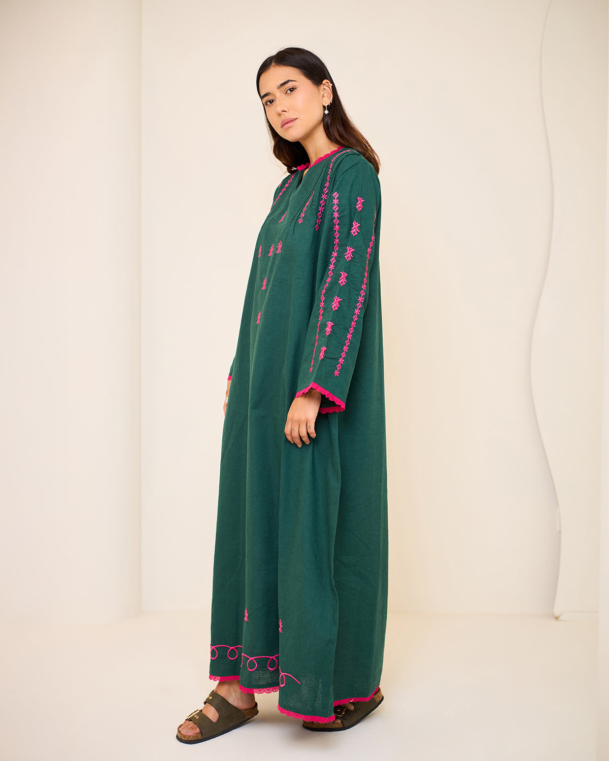 Amelia Dark Green Embroidered Linen Kaftan Dress