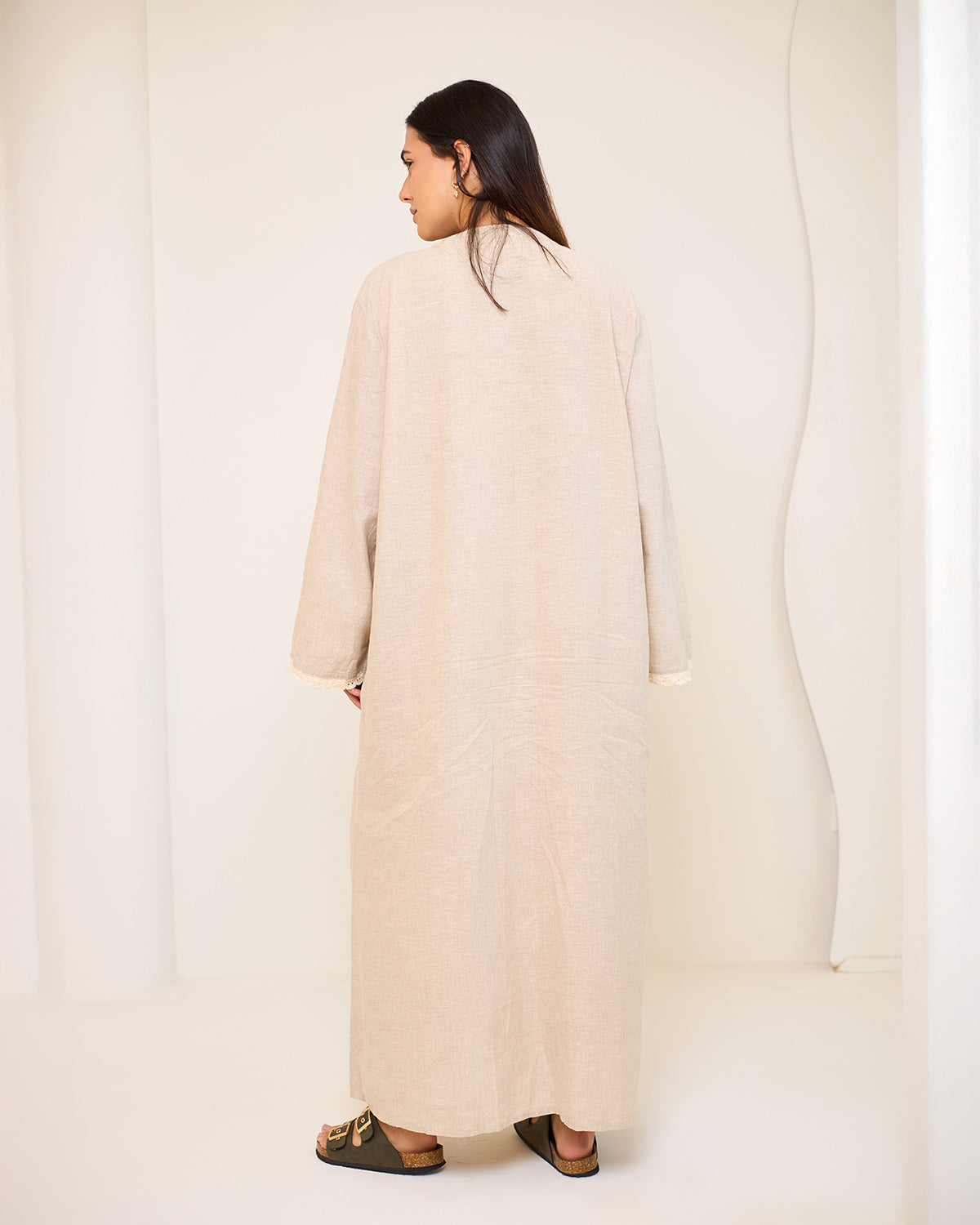 Asiya Beige Embroidered Linen Kaftan Dress