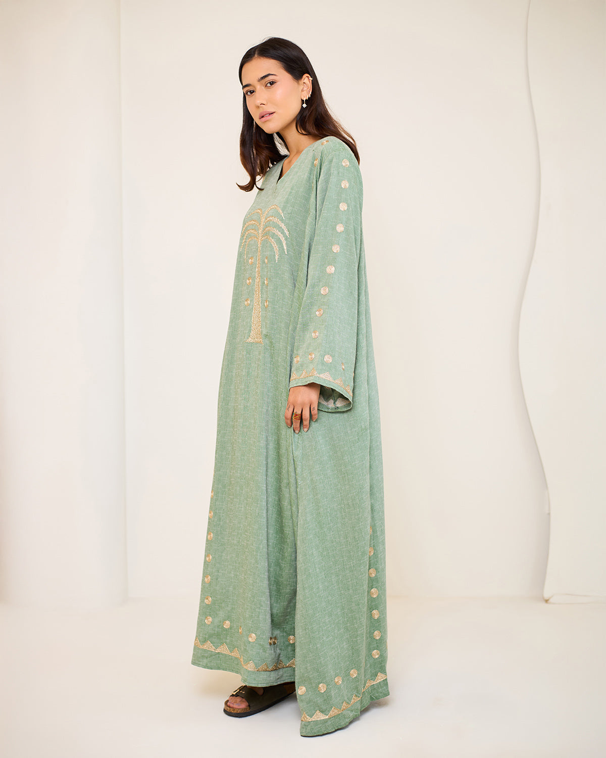 Tamara Olive Green Embroidered Cotton Kaftan Dress
