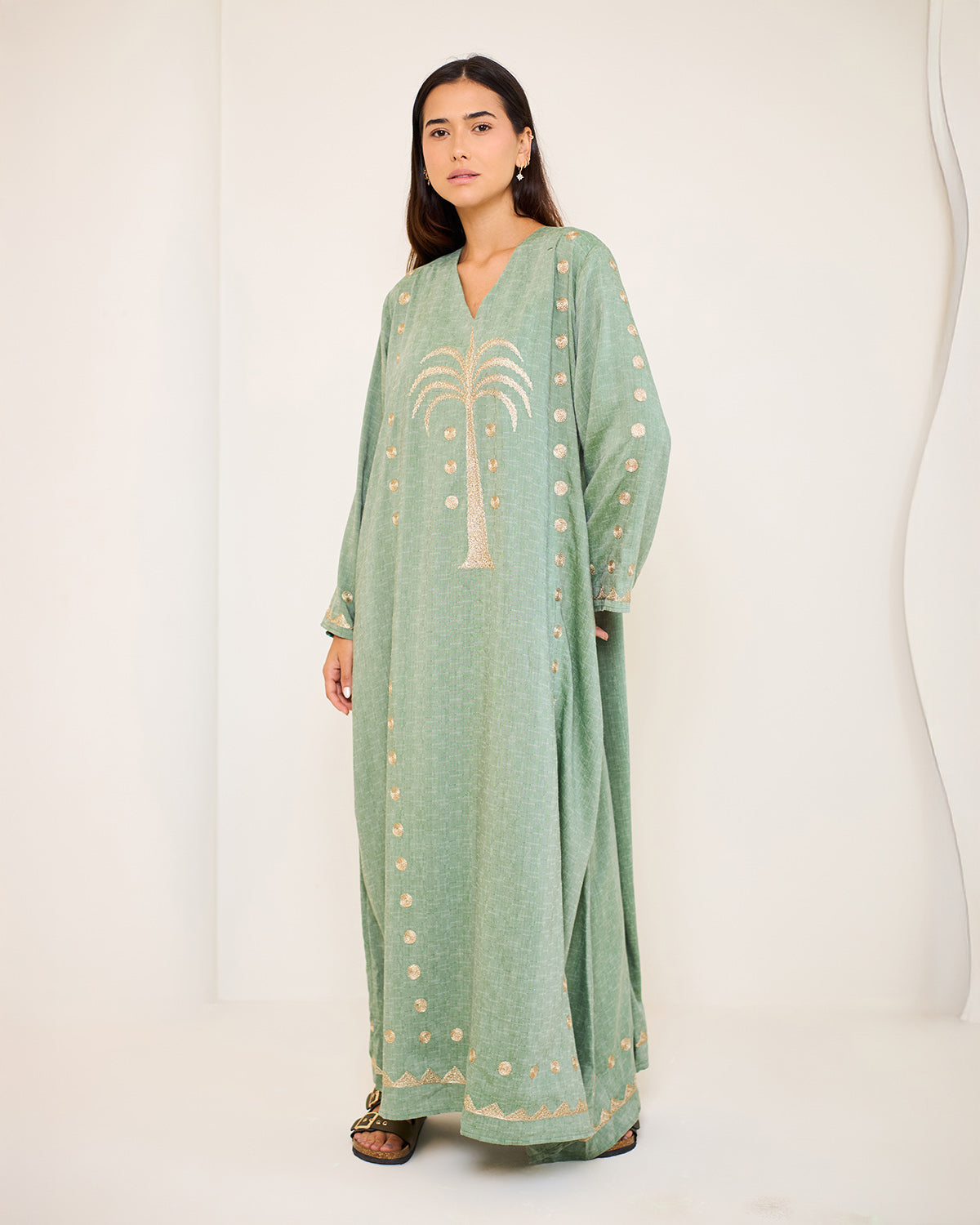 Tamara Olive Green Embroidered Cotton Kaftan Dress