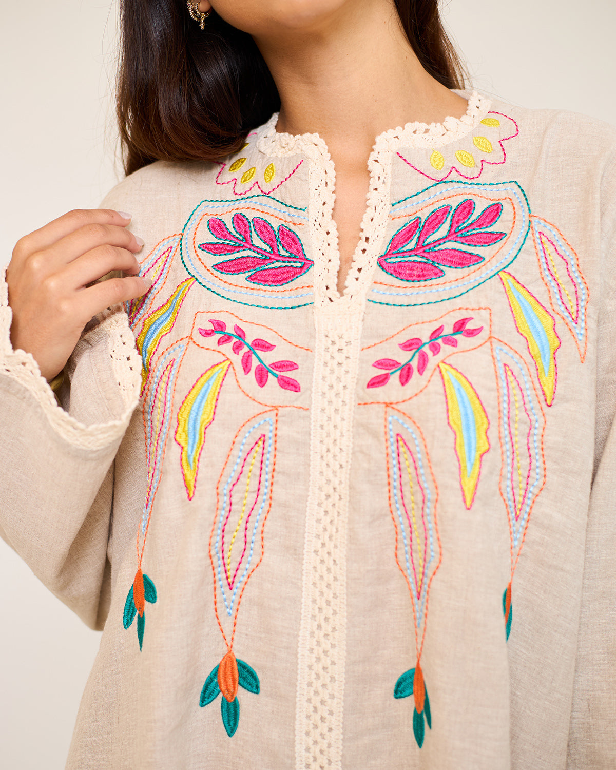 Asiya Beige Embroidered Linen Kaftan Dress
