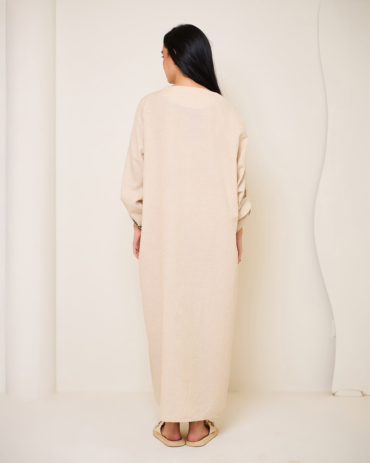 Athena Beige Embroidered Linen Kaftan Dress