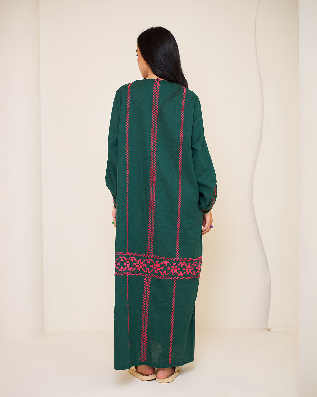 Aphrodite Dark Green Embroidered Linen Kaftan Dress