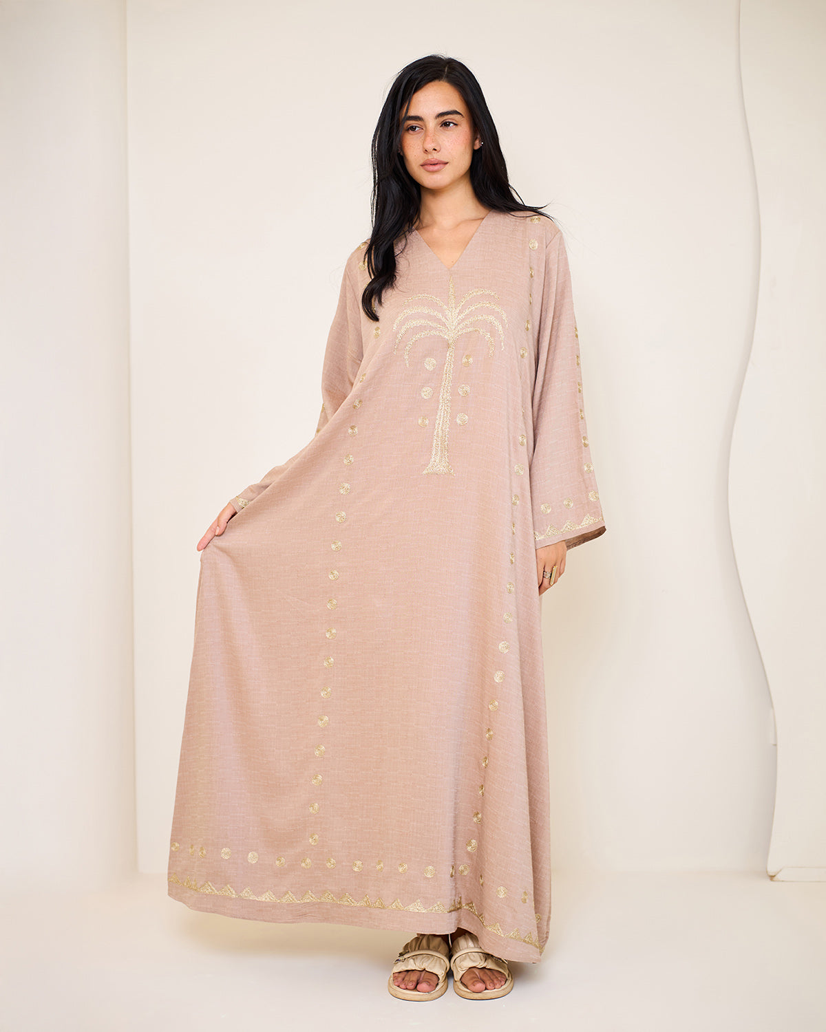 Tamara Beige Embroidered Cotton Kaftan Dress