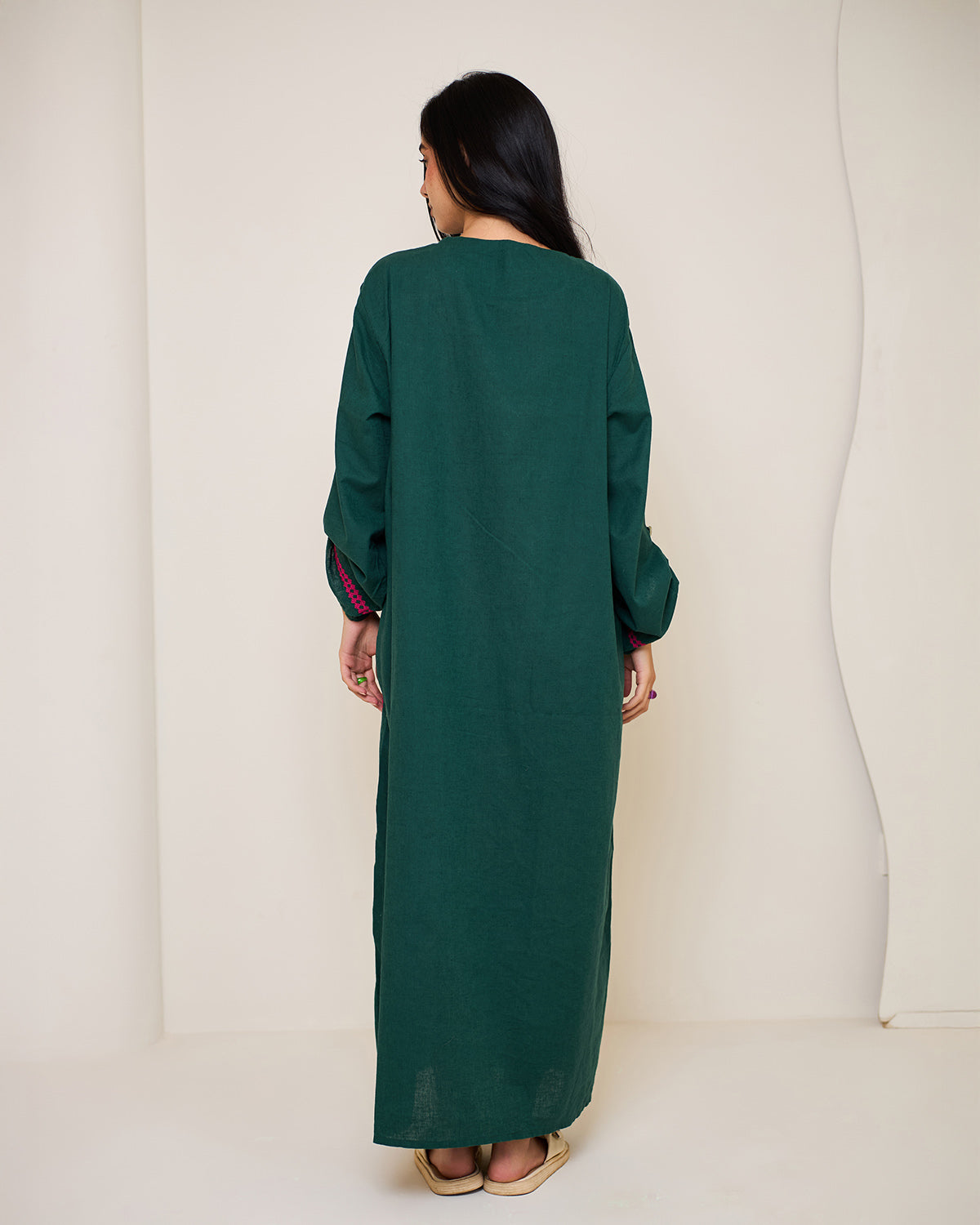 Aphrodite Dark Green Embroidered Linen Kaftan Dress