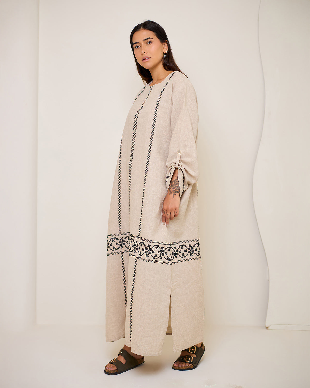 Aphrodite Beige Embroidered Linen Kaftan Dress