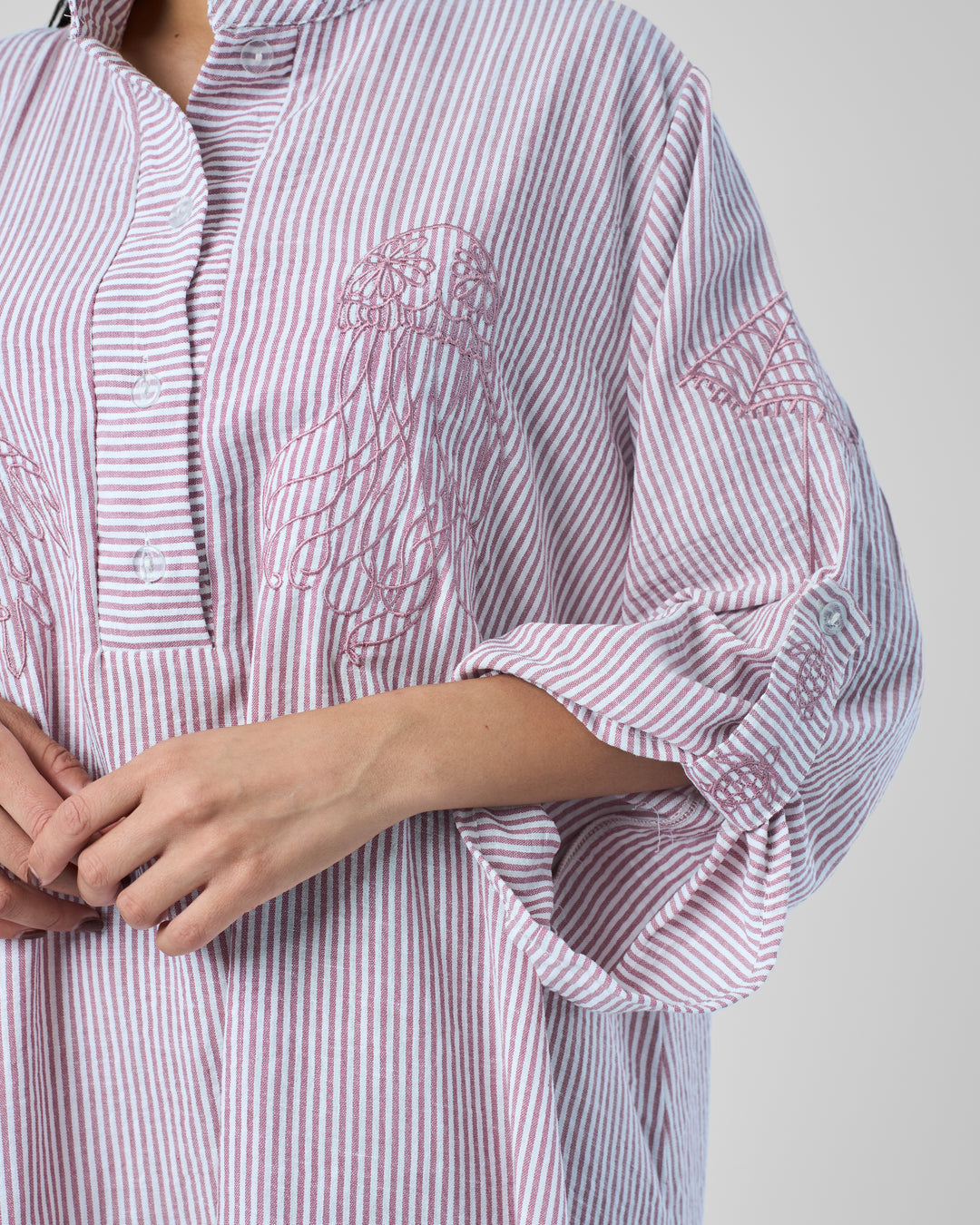 Embroidered Linen Cotton Striped Dress | Coastal Reef