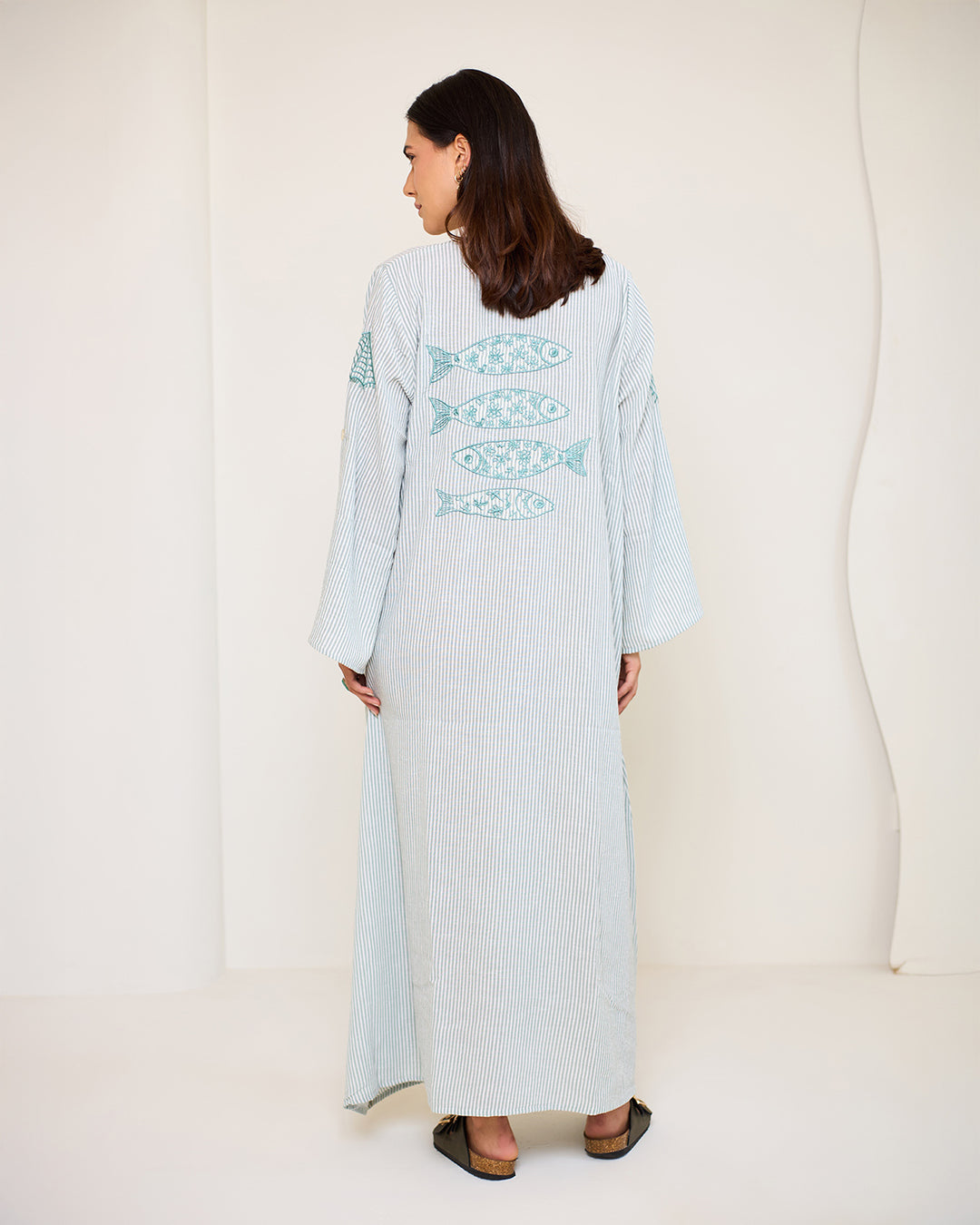 Embroidered Linen Cotton Striped Dress | Coastal Reef