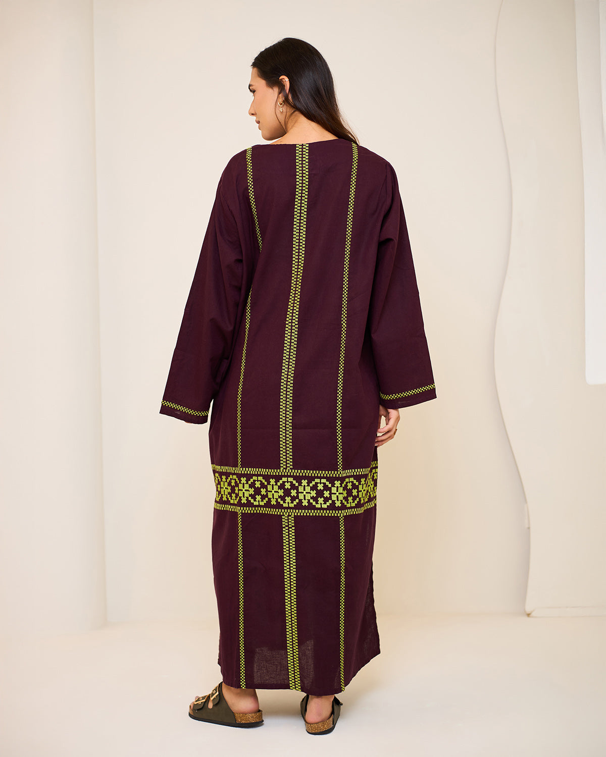 Aphrodite Burgundy Embroidered Linen Kaftan Dress