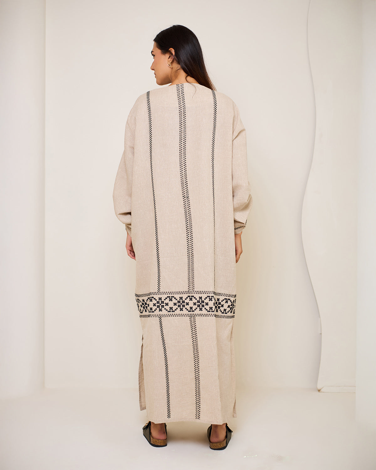 Aphrodite Beige Embroidered Linen Kaftan Dress