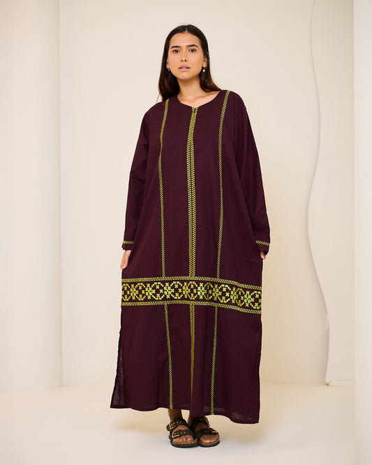 Aphrodite Burgundy Embroidered Linen Kaftan Dress