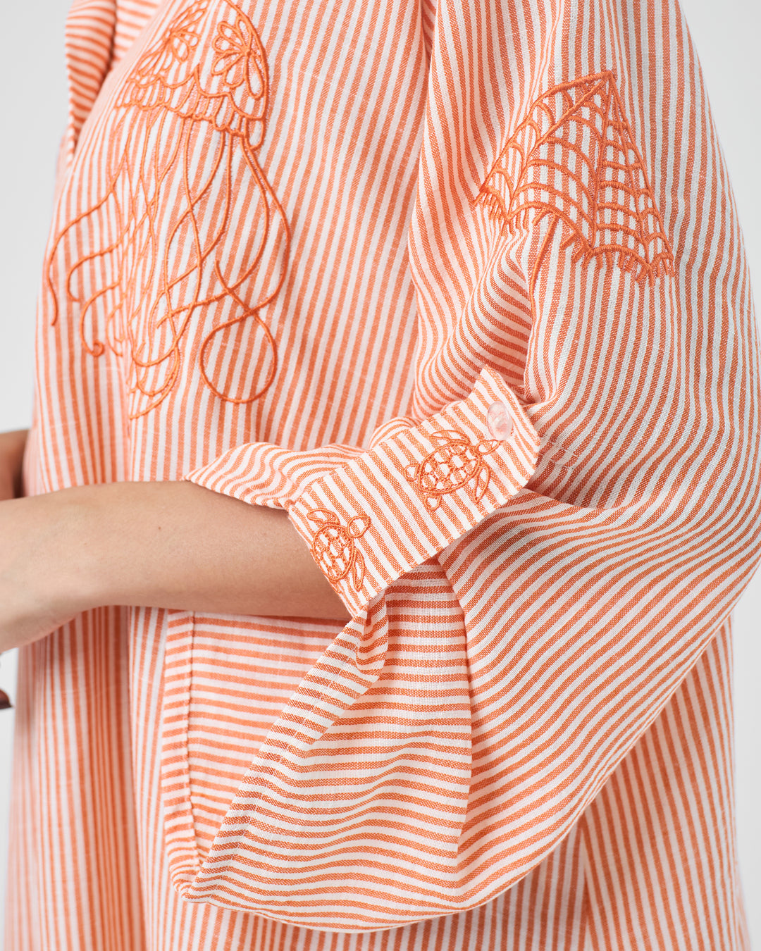 Embroidered Linen Cotton Striped Dress | Coastal Reef