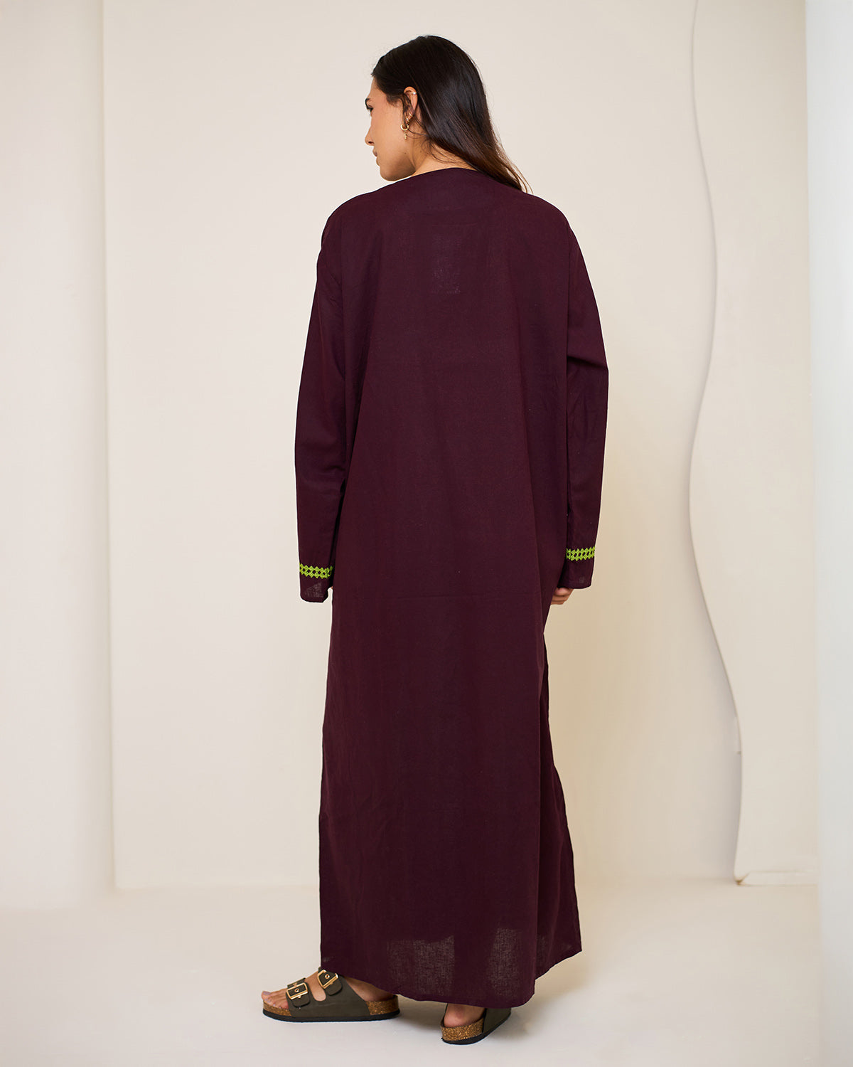 Athena Burgundy Embroidered Linen Kaftan Dress