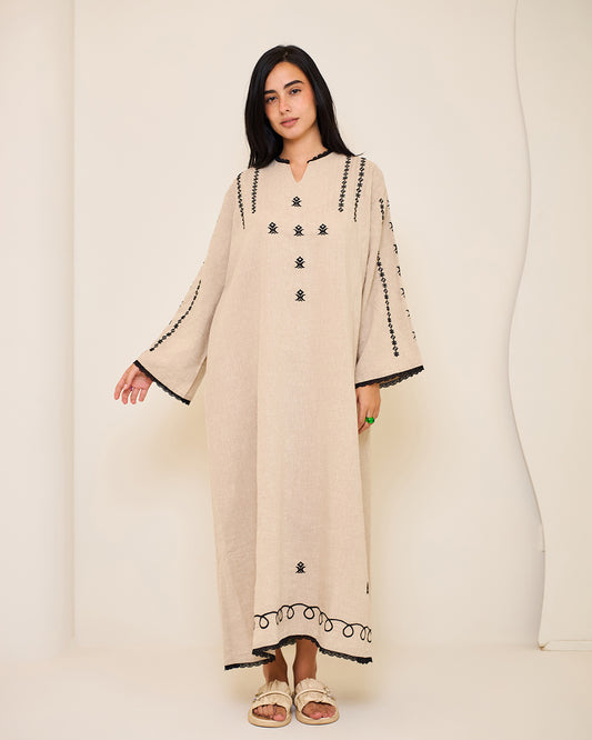 Amelia Beige Embroidered Linen Kaftan Dress