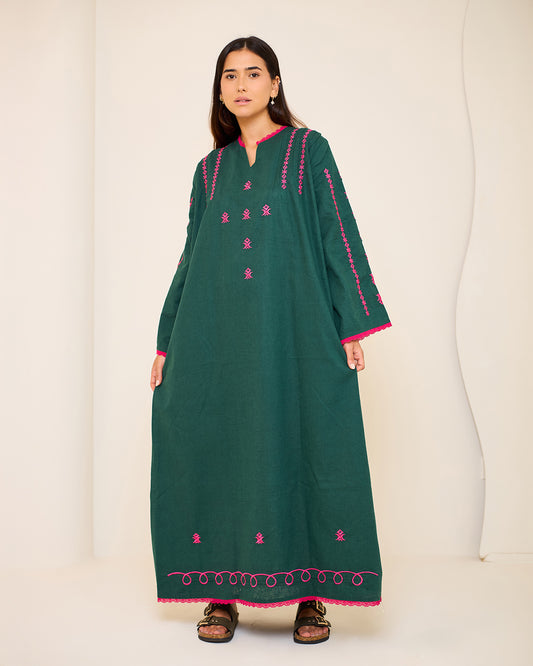 Amelia Dark Green Embroidered Linen Kaftan Dress
