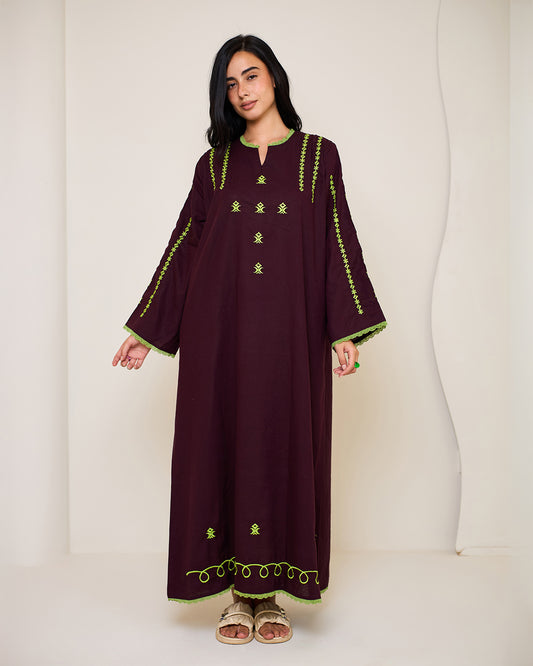 Amelia Burgundy Embroidered Linen Kaftan Dress