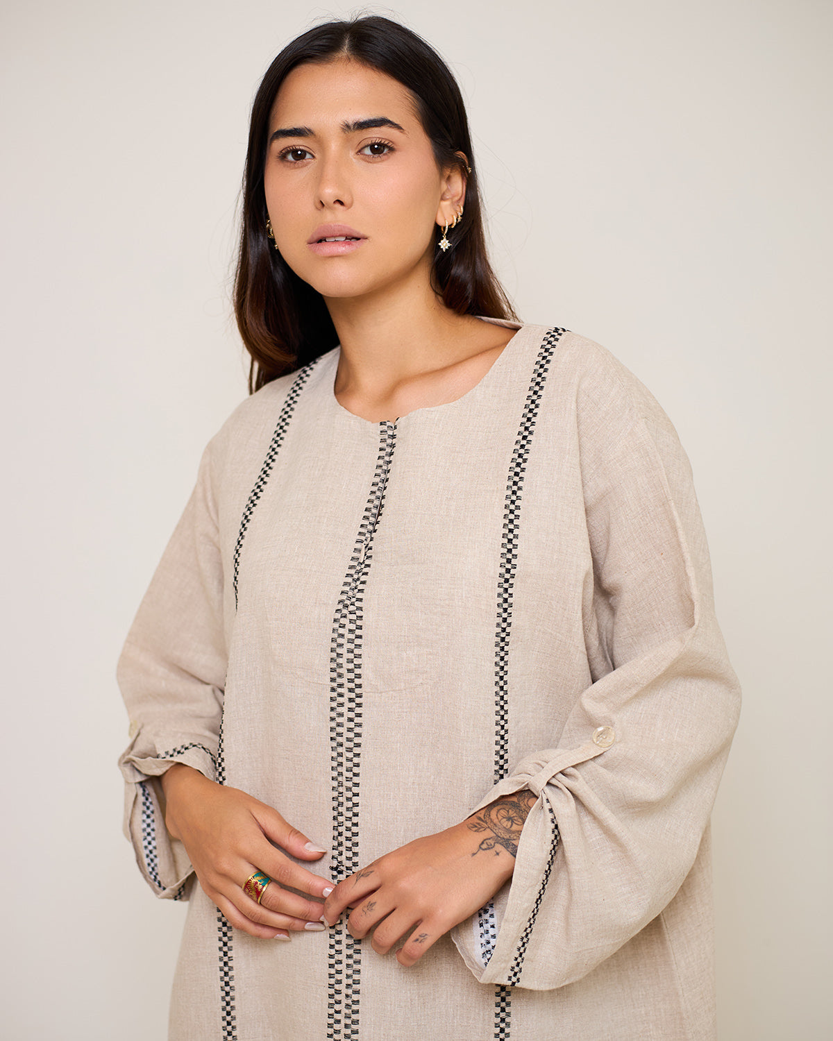 Aphrodite Beige Embroidered Linen Kaftan Dress