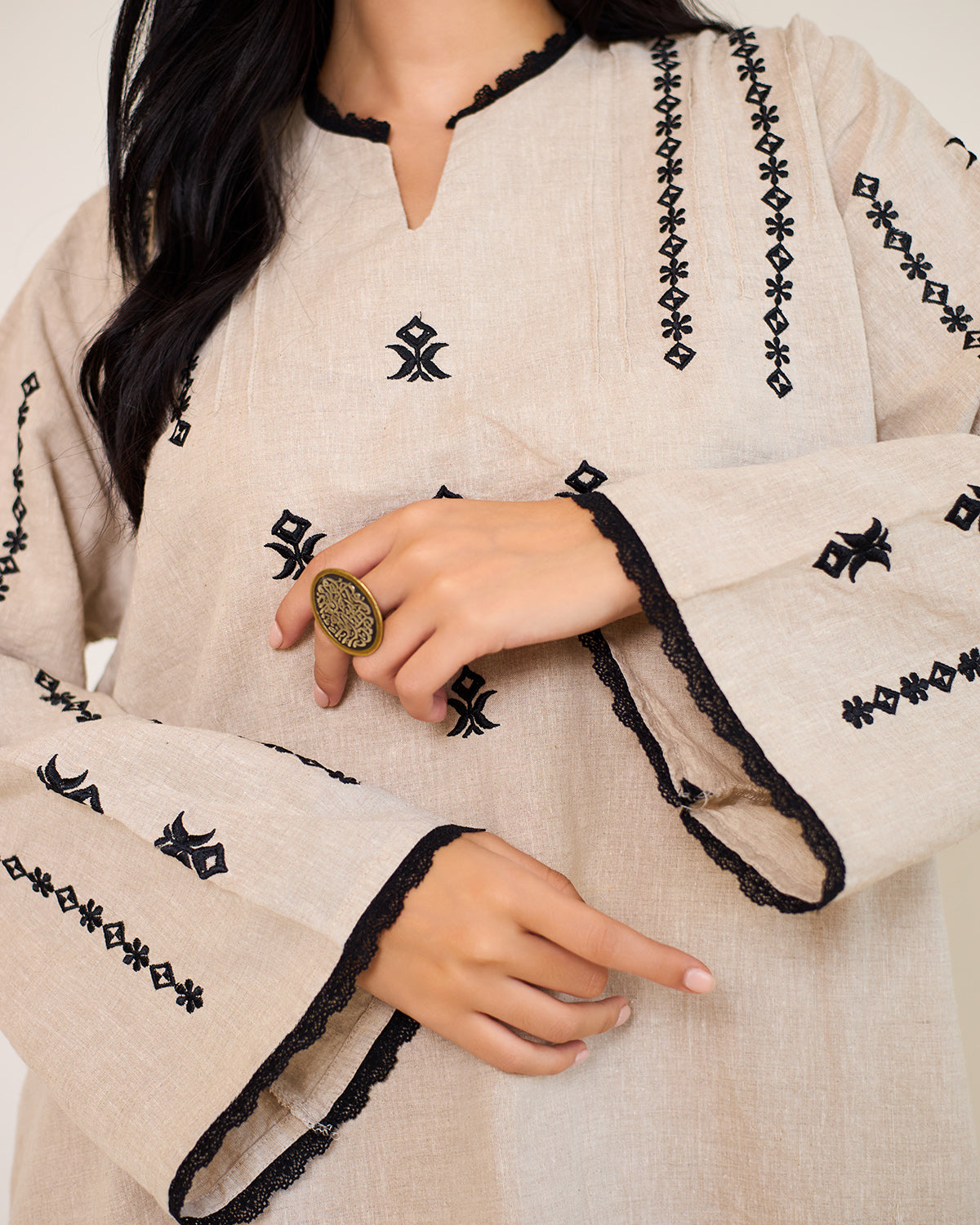 Amelia Beige Embroidered Linen Kaftan Dress