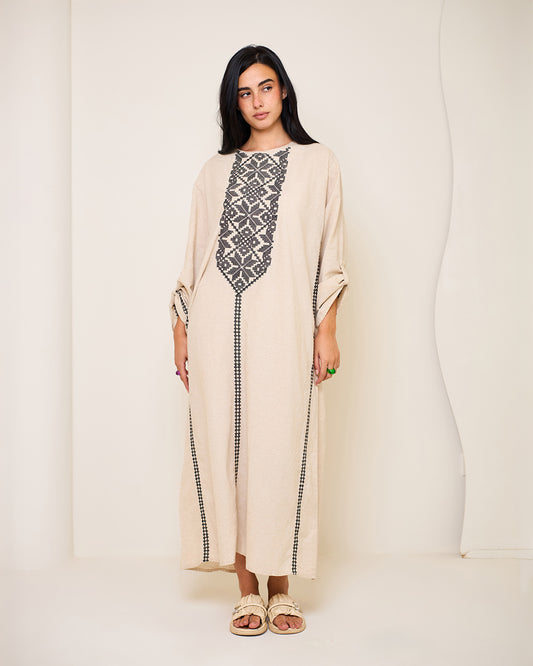 Athena Beige Embroidered Linen Kaftan Dress