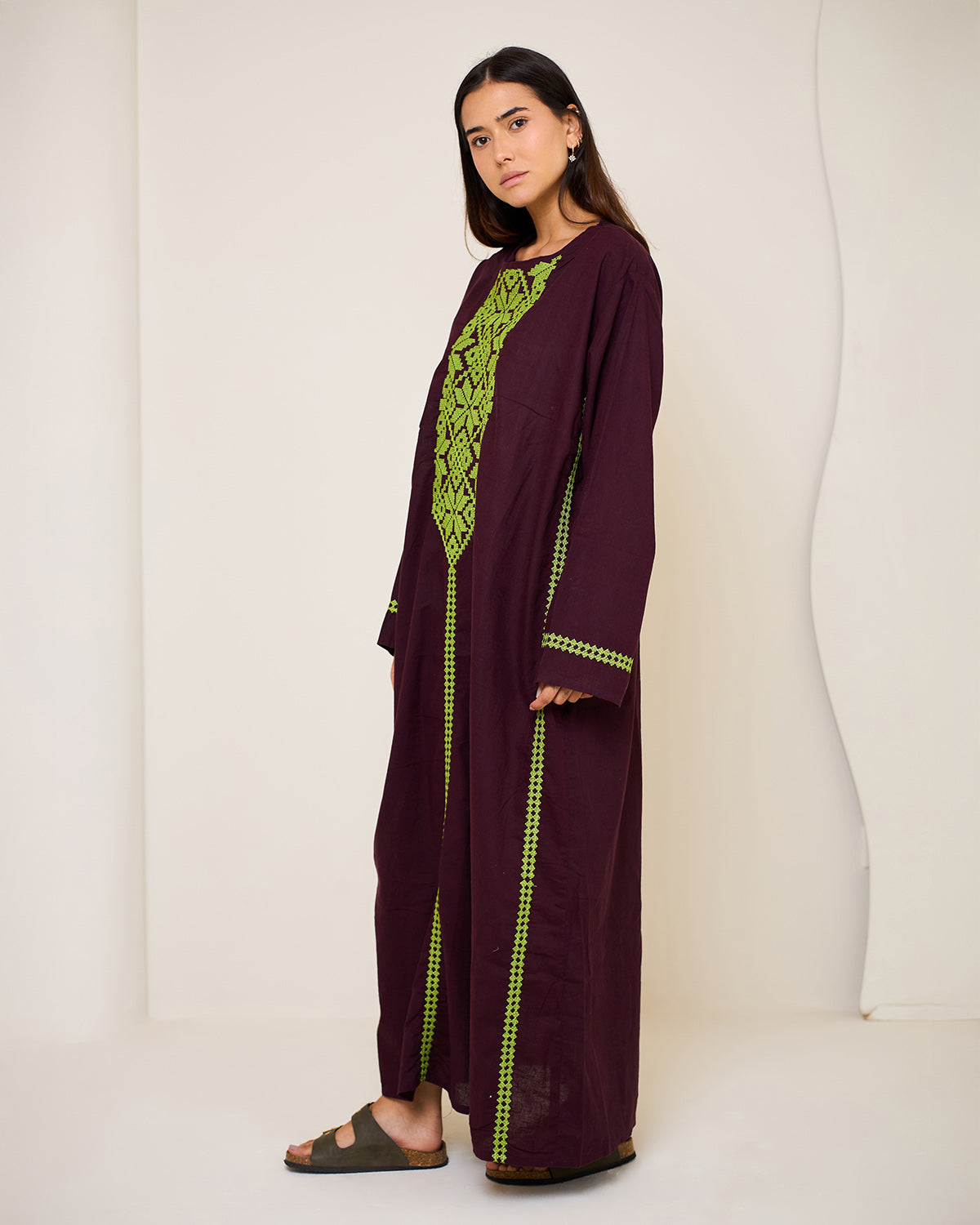 Athena Burgundy Embroidered Linen Kaftan Dress