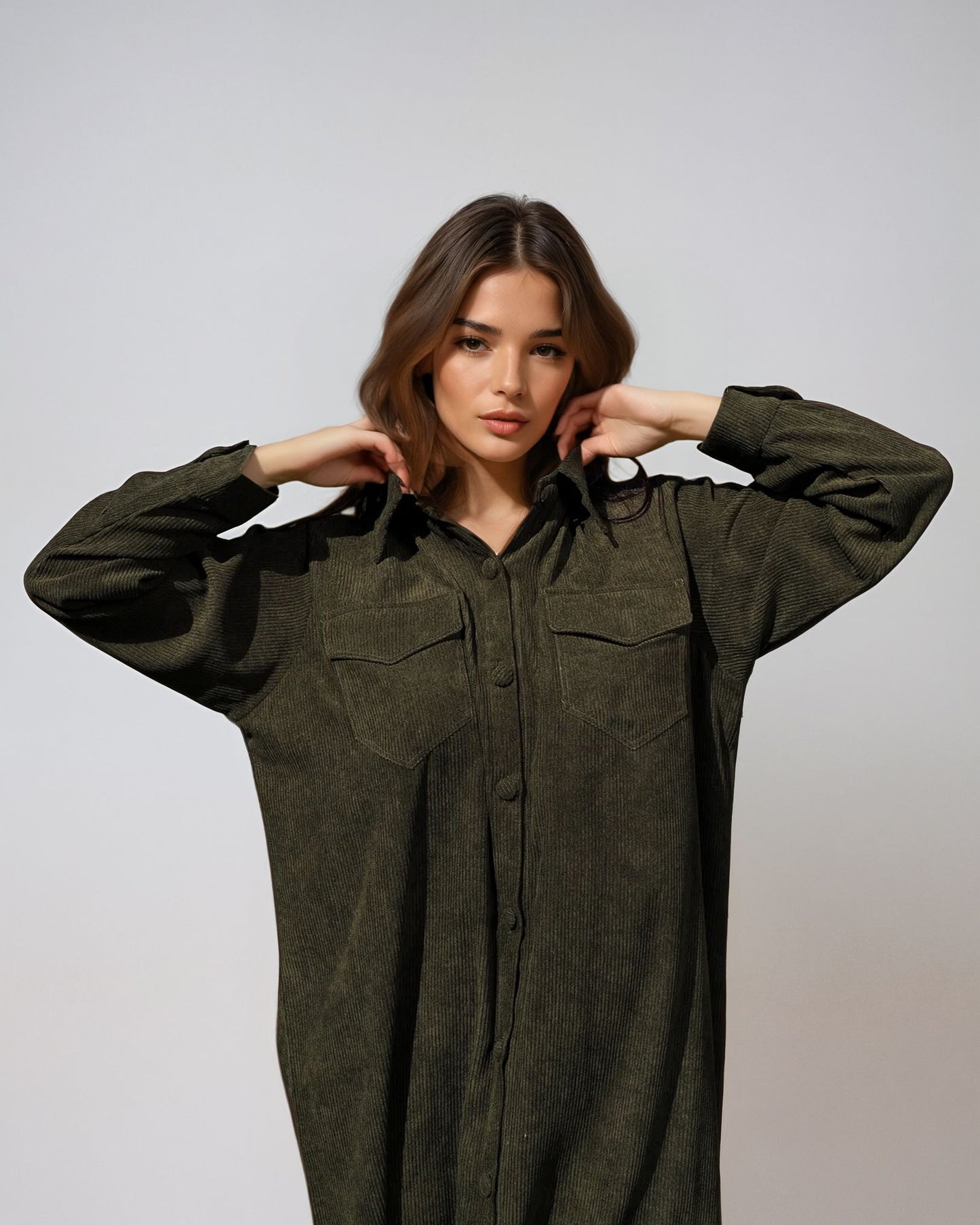 Velvet Shirt Dress-Olive Green